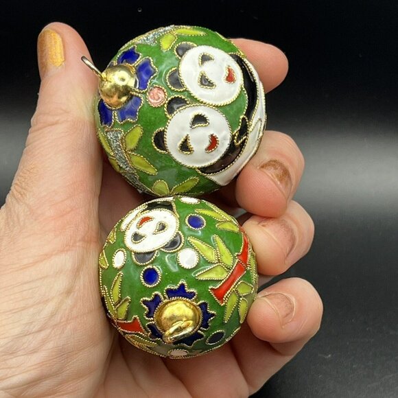 Cloisonne Panda Bamboo Round Ornaments 2” Raise Metal Enamel Green Set of 2 - Picture 7 of 8